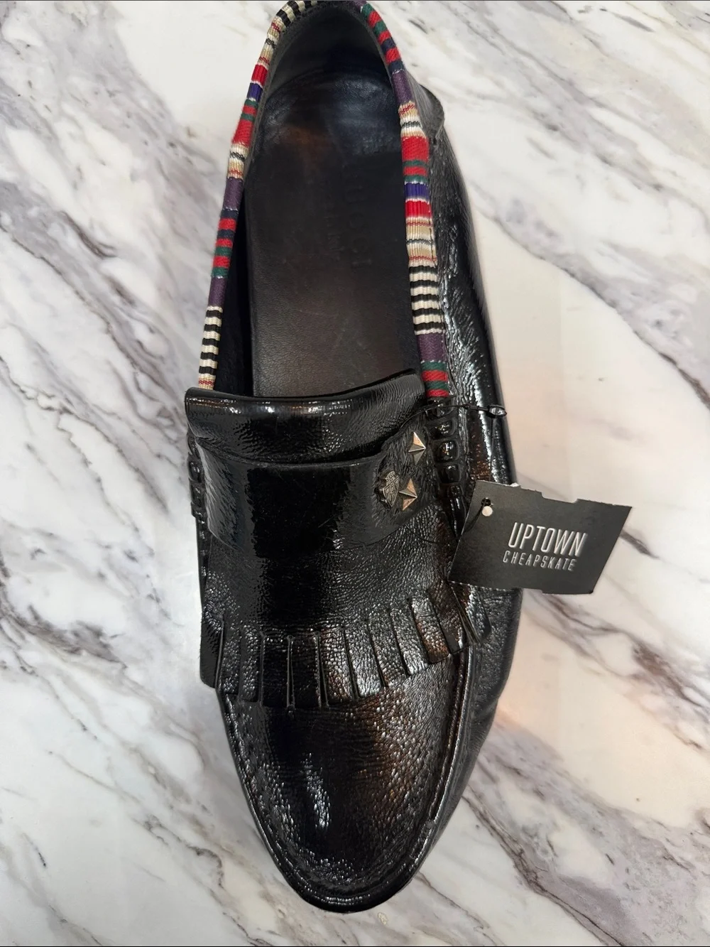 Gucci Black Patent Leather Fringe Loafers with Multicolor Trim